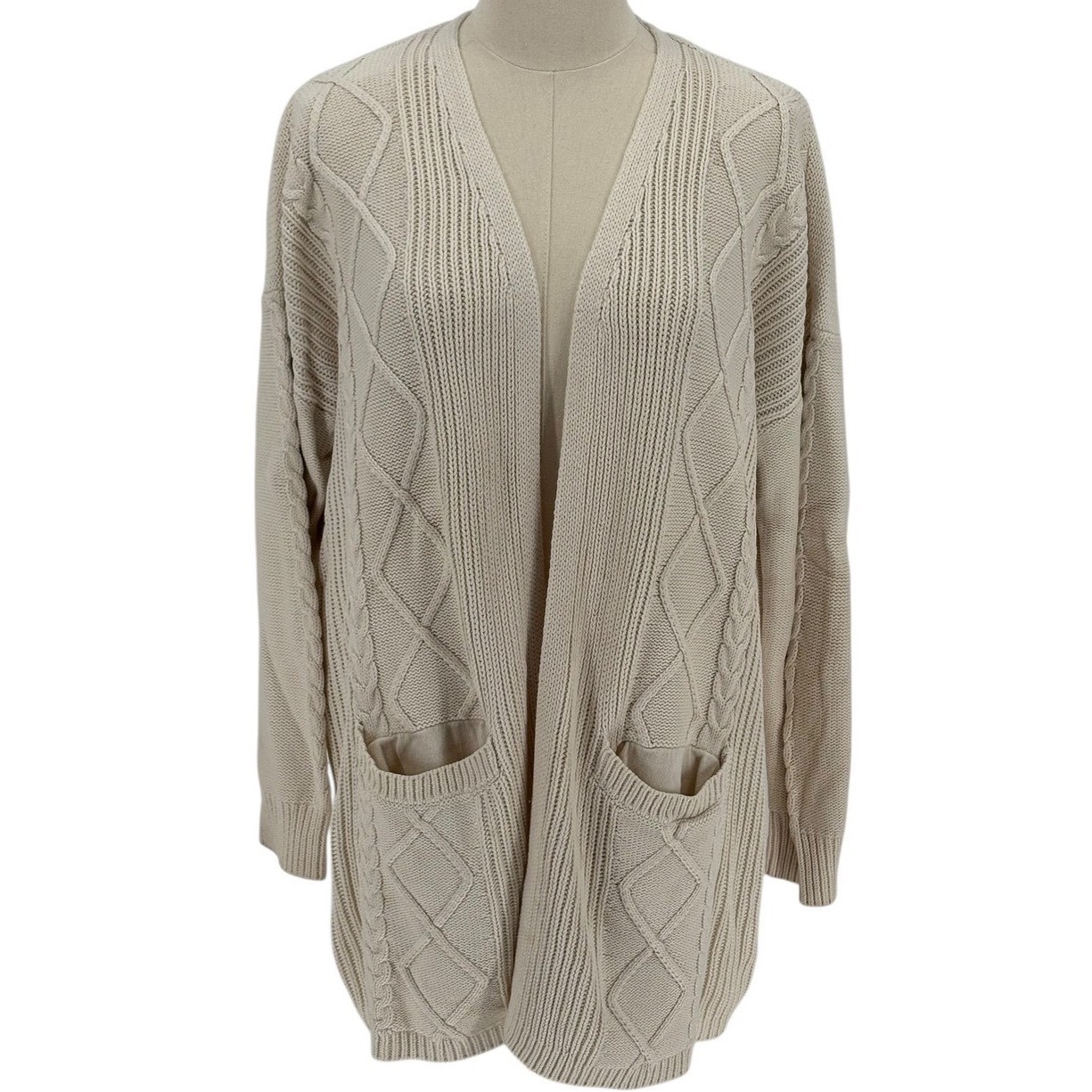Peyton & Parker Cable Knit Long Cardigan Sweater Beige Open Front Pockets Size L